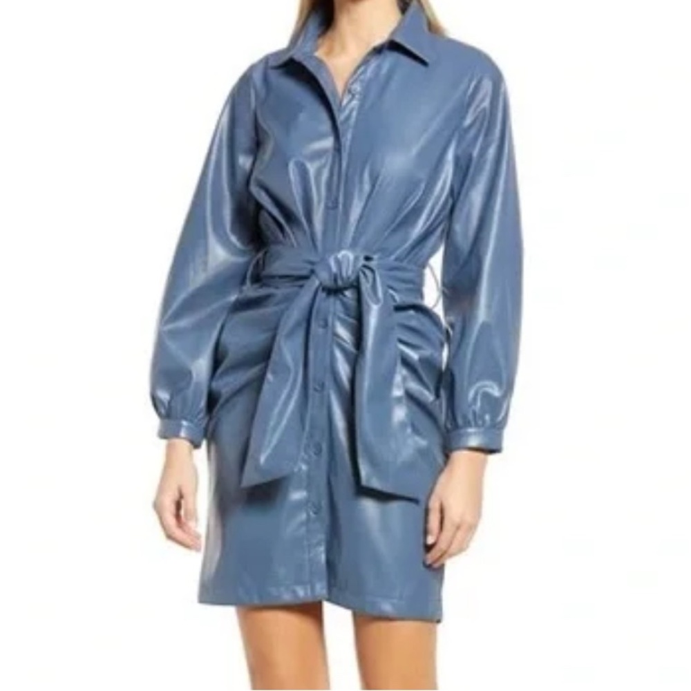 Blue Faux Leather Belted Blazer